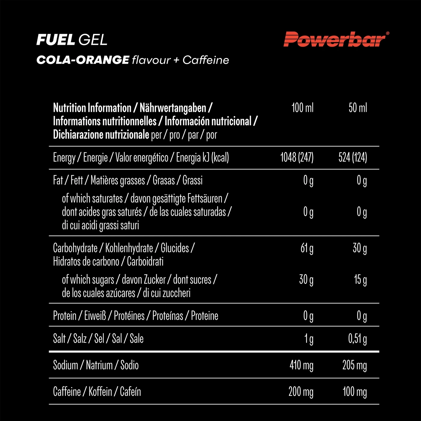 Nährwertangaben für FUEL GEL COLA-ORANGE mit Koffein von Powerbar.