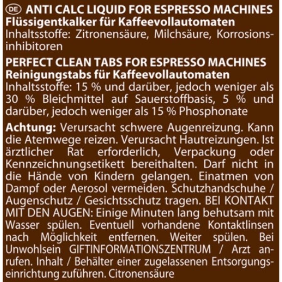 Anti Calc Liquid und Perfect Clean Tabs für Espressomaschinen