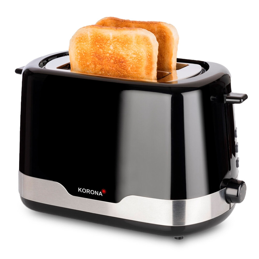 Schwarzer Toaster mit zwei Toastbrotscheiben, Marke Korona, Edelstahl-Details
