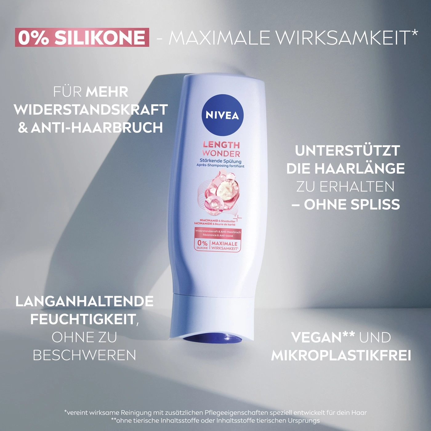Nivea Length Wonder Spülung für mehr Widerstandskraft und Glanz ohne Silikone.