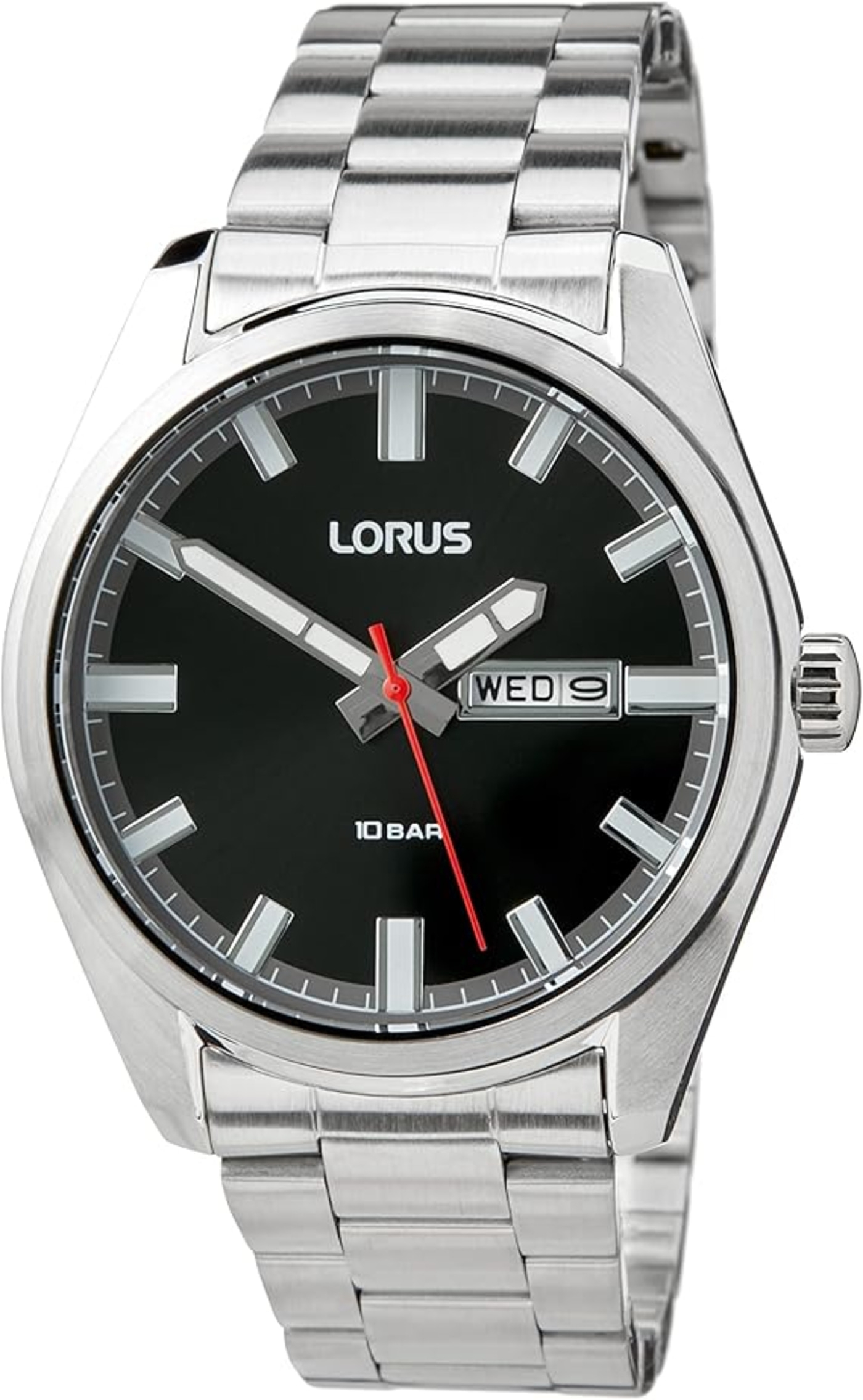 Lorus Uhr, schwarzes Zifferblatt, silbernes Armband, Tag-Datum-Anzeige, 10 Bar
