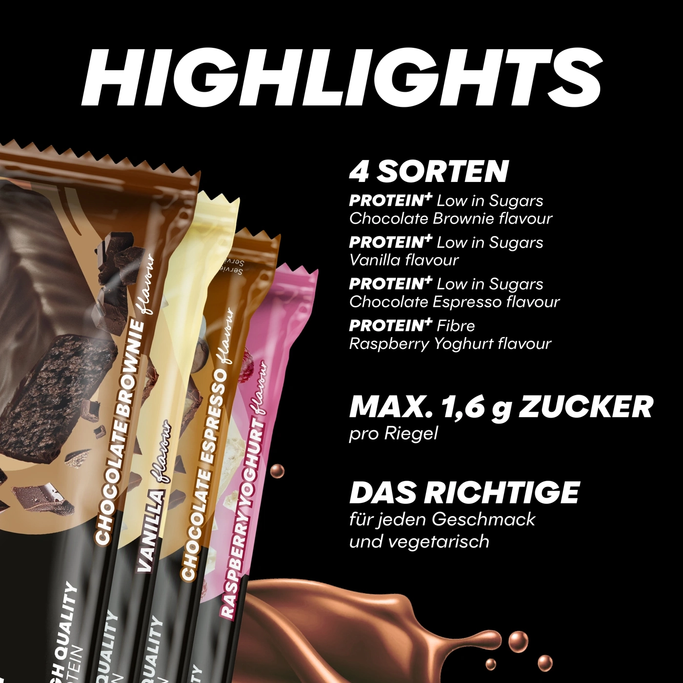Proteinriegel mit Schokolade, Vanille, Espresso und Himbeergeschmack