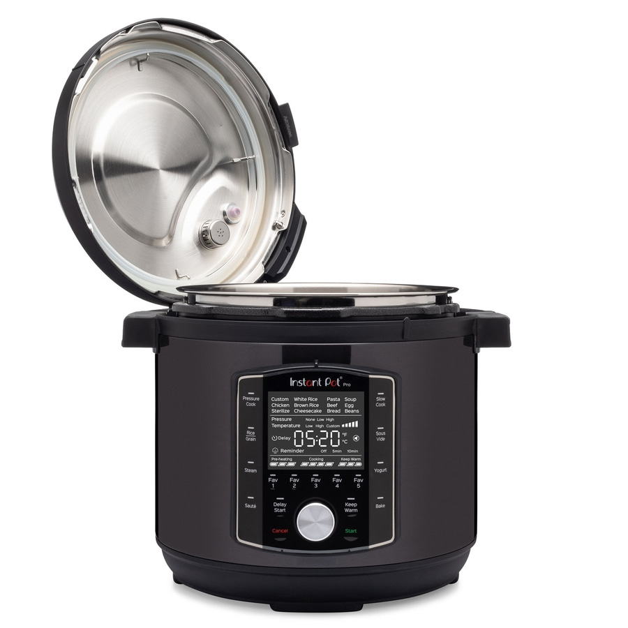 Instant Pot Pro, ein schwarzer elektrischer Schnellkochtopf mit geöffnetem Deckel und Bedienfeld.
