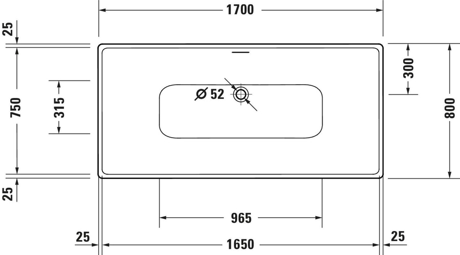 Waschbecken mit Abmessungen: 1700x800x25mm, Lochdurchmesser 52mm, 965mm breit