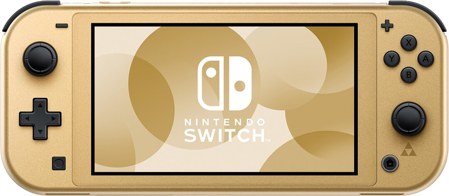 Goldene Nintendo Switch Konsole mit Zelda-Logo und Bildschirm