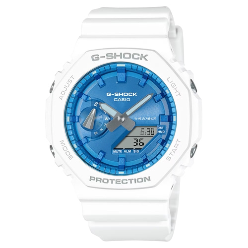 Weiße G-Shock-Uhr mit blauem Zifferblatt und digitaler Anzeige. Sportliches Design.