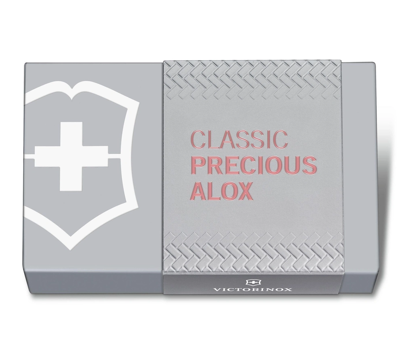 Graue Schachtel mit "CLASSIC PRECIOUS ALOX" und Victorinox-Logo.