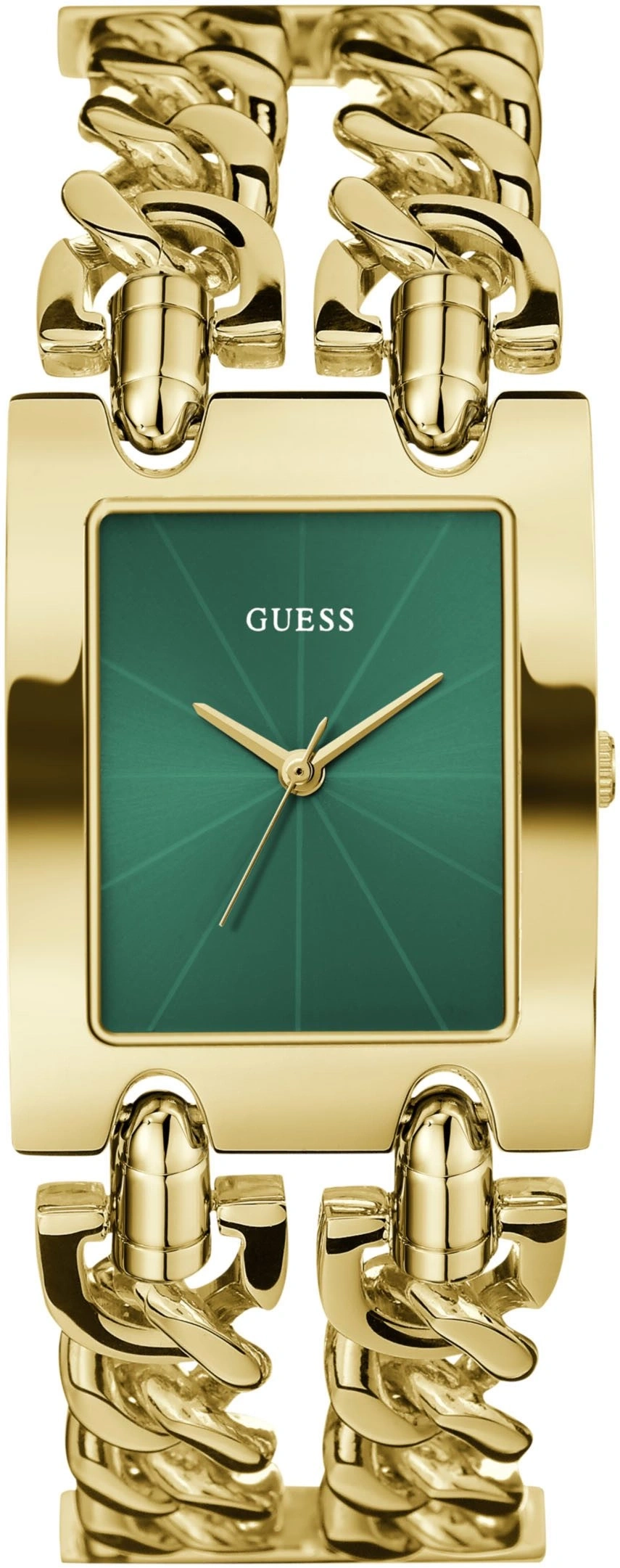 Goldene GUESS-Uhr mit grünem Zifferblatt und Gliederkette