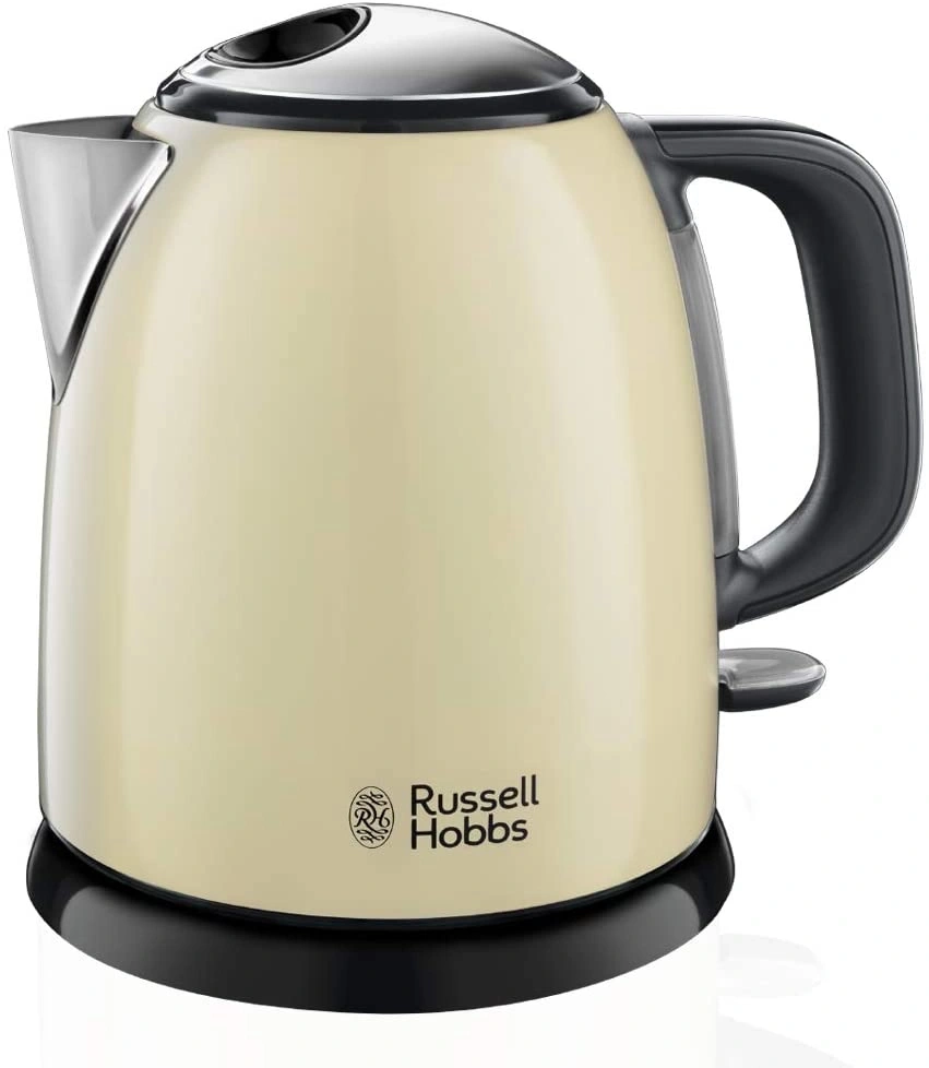 Beige Wasserkocher von Russell Hobbs, mit schwarzem Griff und Sockel, isoliert