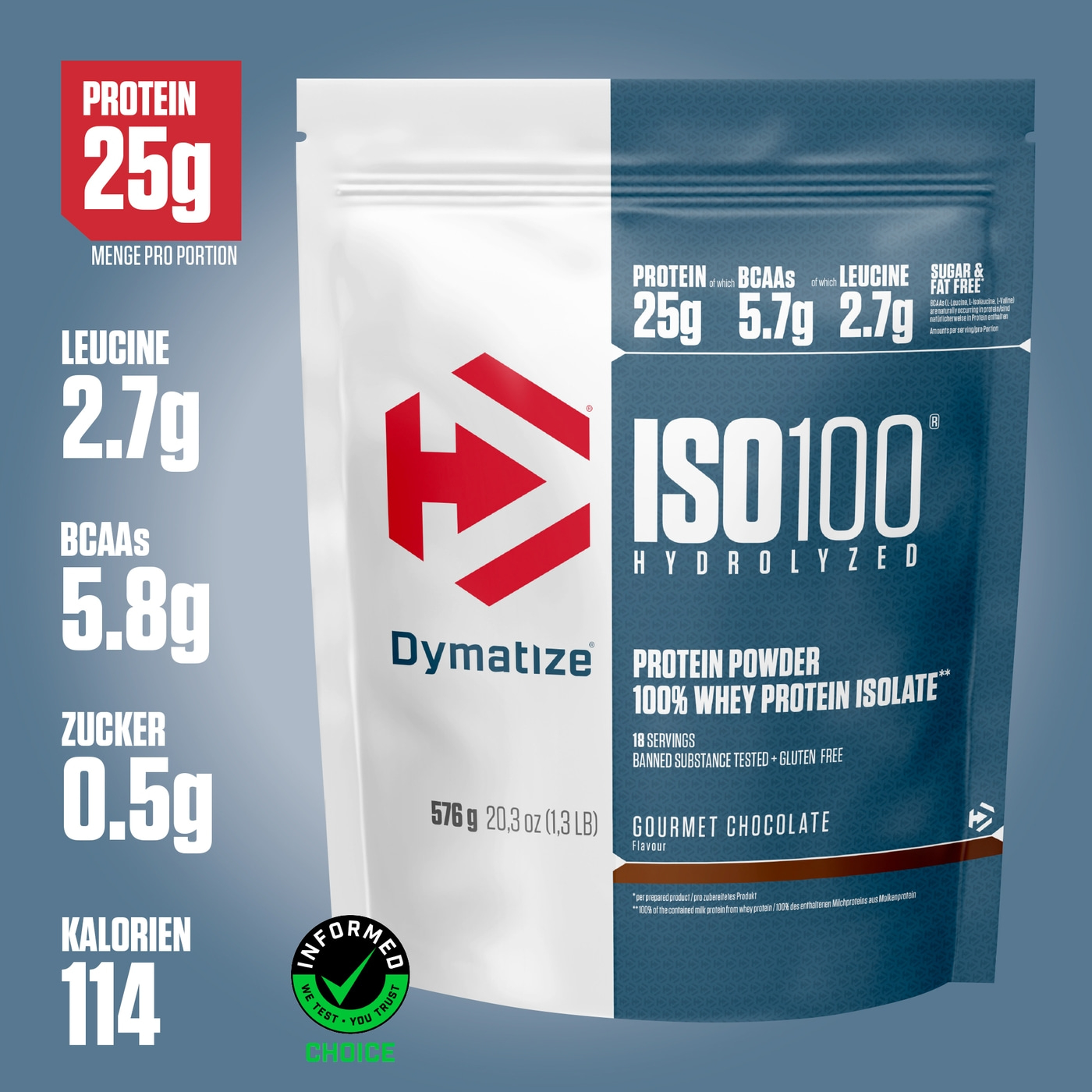 DYMATIZE Whey Protein Pulver Shake ISO 100 Hydrolyzed Gourmet Chocolate 576 g