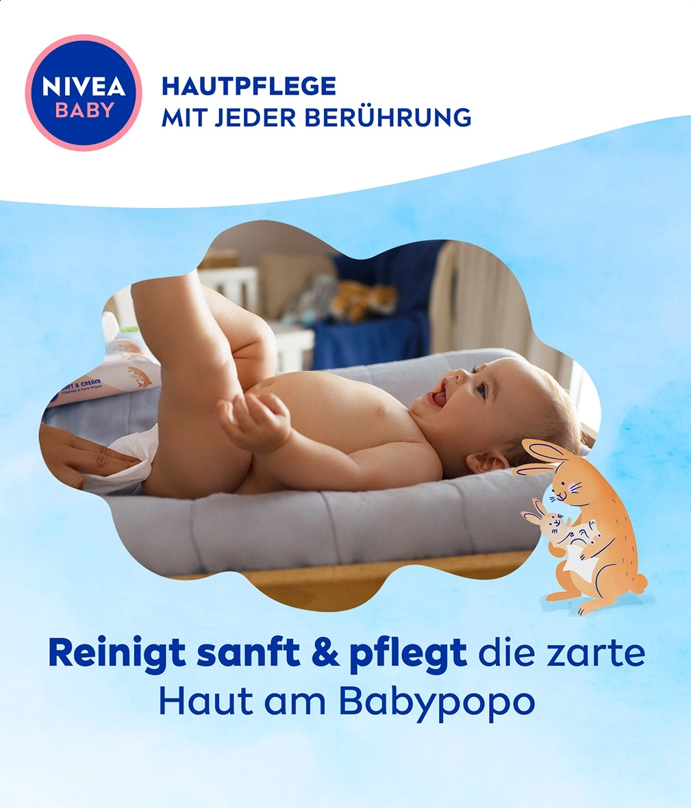 Nivea Baby Hautpflege, Baby wird gewickelt, sanfte Reinigung und Pflege.