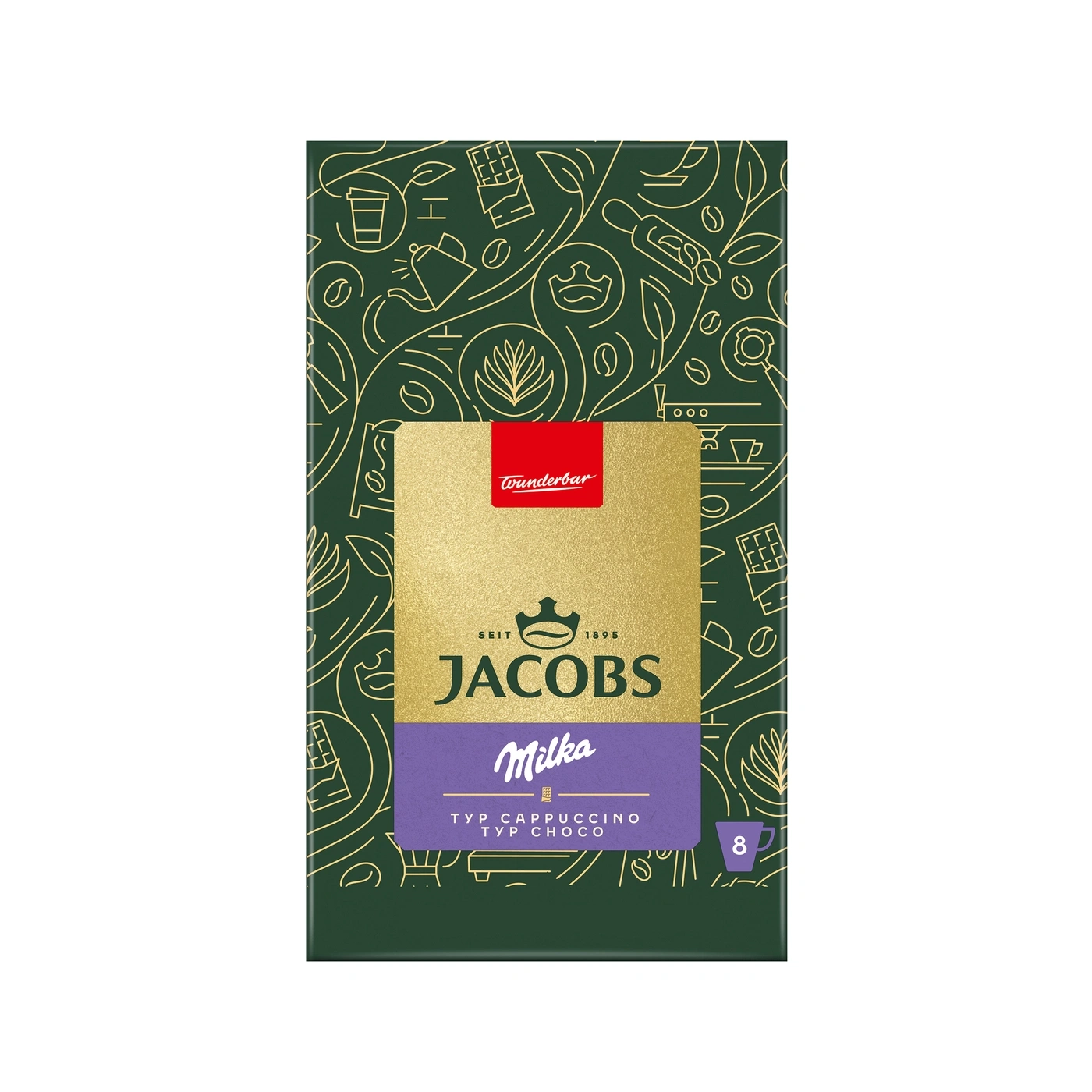Grüne Jacobs Milka Cappuccino Choco Kaffeepackung mit Muster