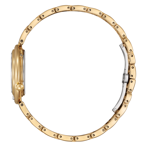 Goldene Damenuhr mit goldenem Armband, Seitenansicht, Nahaufnahme, isoliert