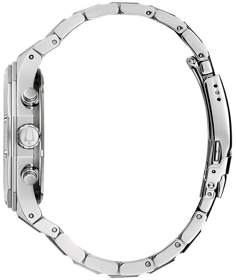 Seitenansicht einer silbernen Armbanduhr mit Metallarmband und Knöpfen
