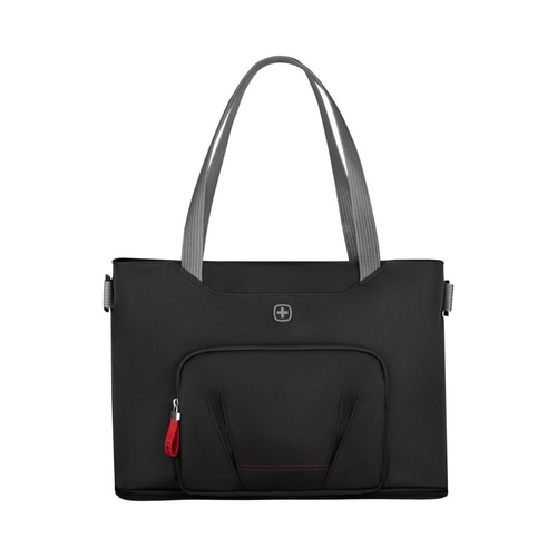 Schwarze Handtasche mit grauem Griff und rotem Reißverschluss, Logo