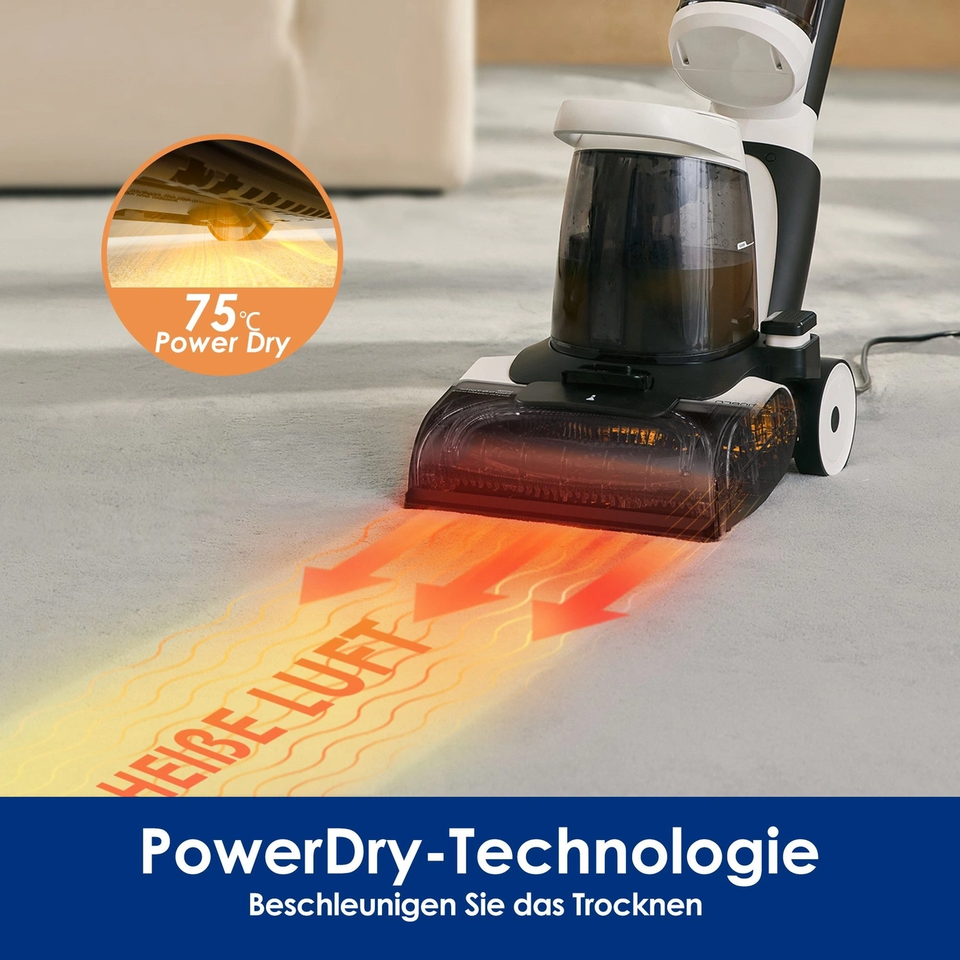 Bodenreiniger mit "PowerDry-Technologie" bei 75°C für schnelles Trocknen.