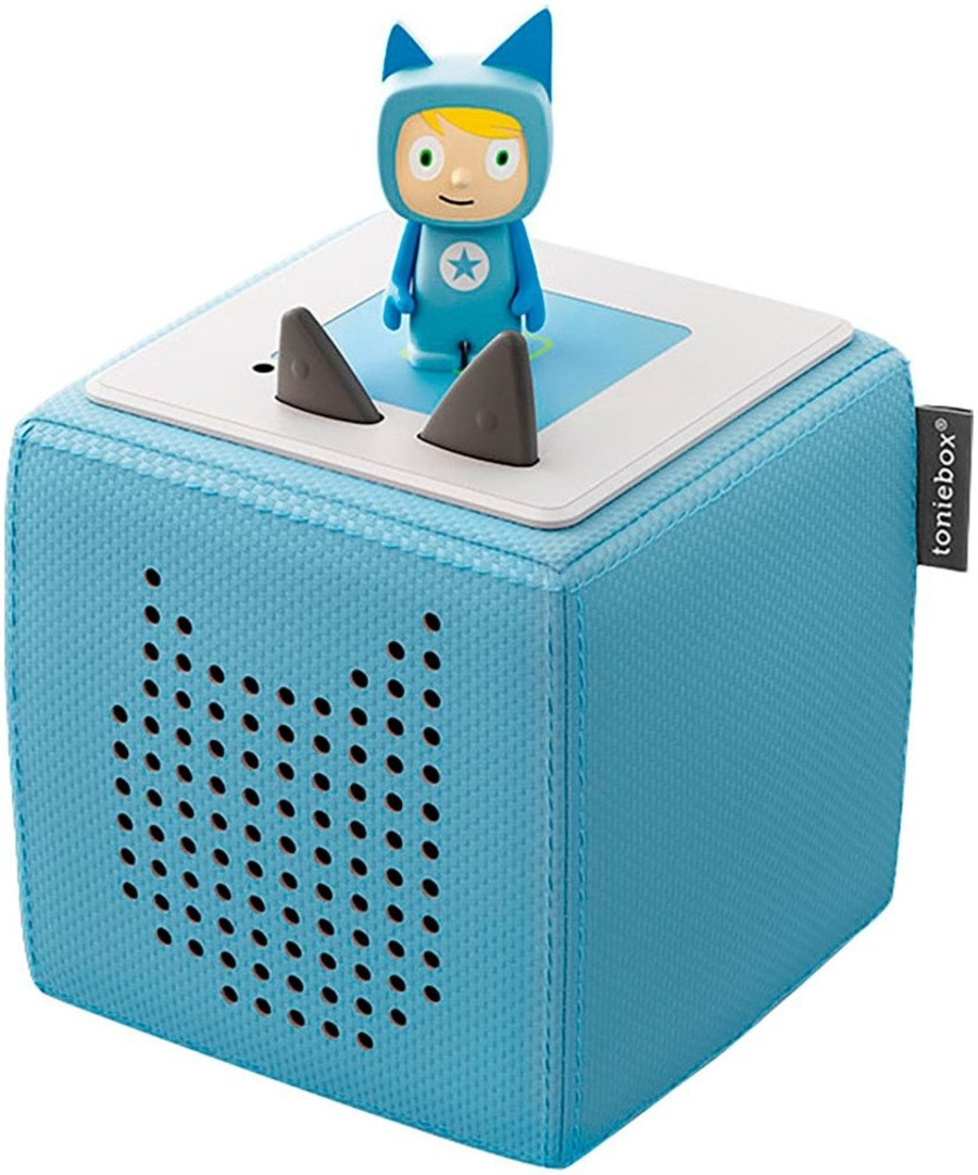 Blauer Toniebox-Würfel mit Figur und Zubehör, Spielzeug für Kinder.