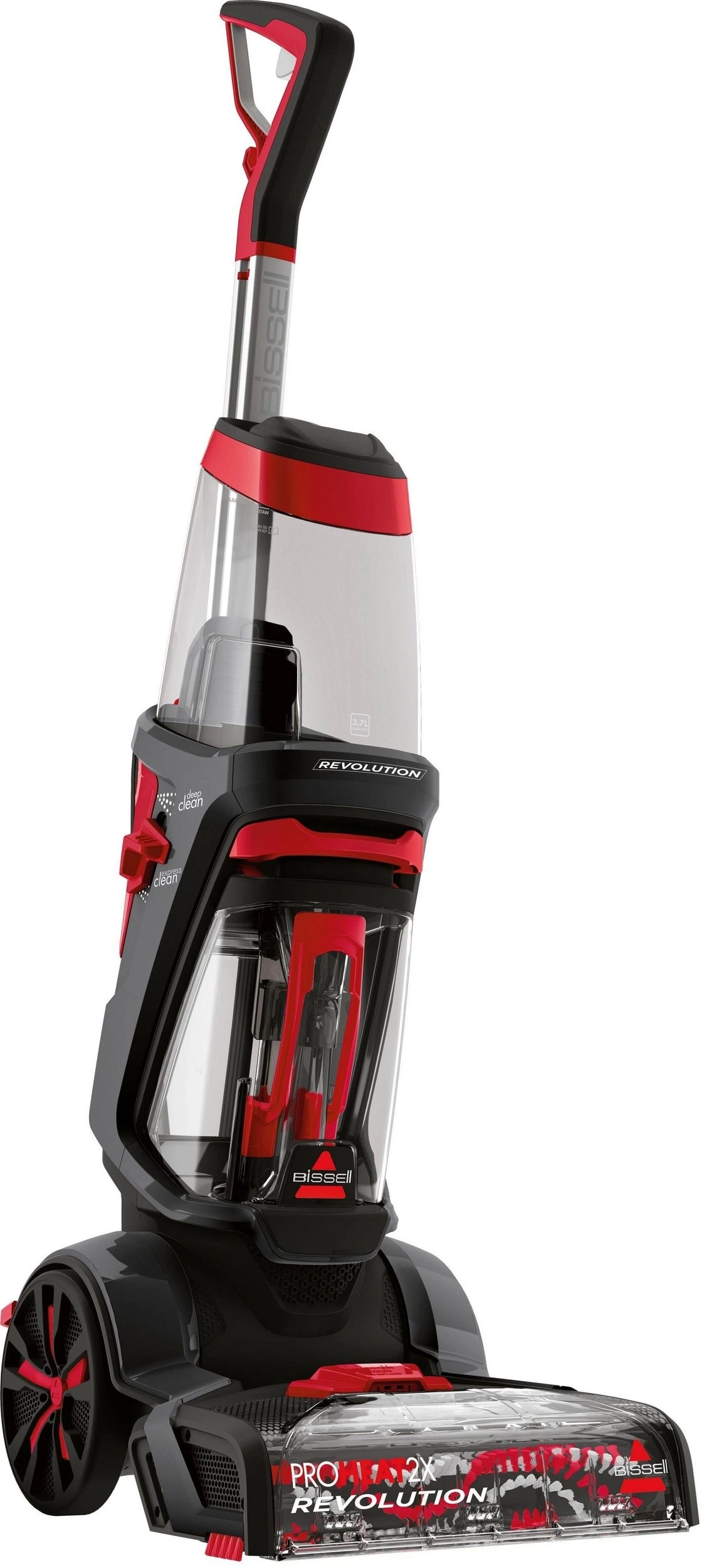 Ein roter und schwarzer Bissell Teppichreiniger mit Revolution-Technologie.
