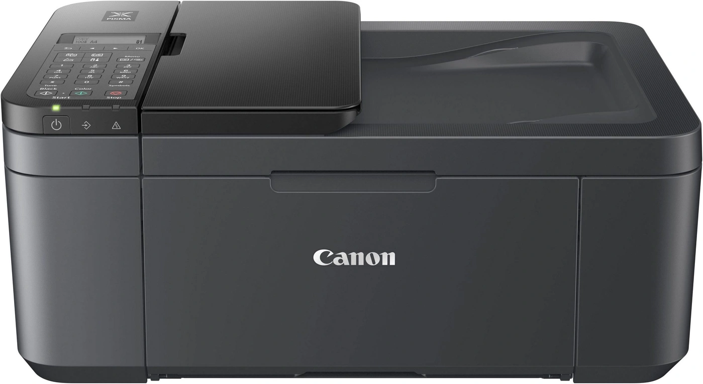 Canon PIXMA Drucker, schwarz, mit Bedienfeld und Logo, für Büro und Zuhause.