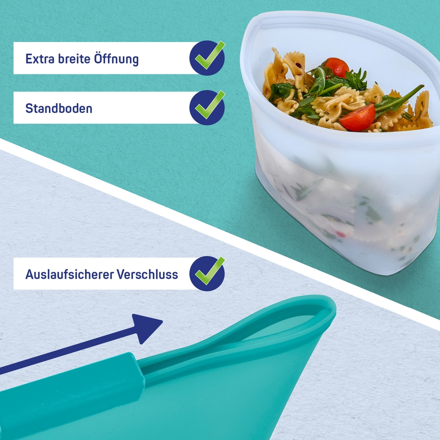 Beutel mit Pasta, Tomaten und Rucola. Extra breite Öffnung, Standboden, auslaufsicherer Verschluss.