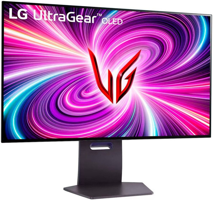 LG UltraGear OLED Monitor mit farbenfrohem Hintergrund und Ständer