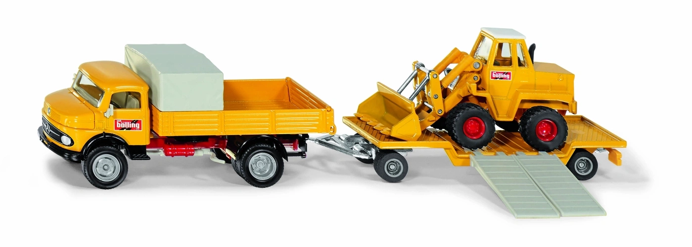 Gelber LKW mit Anhänger und Bagger, Spielzeug, gelb, Transport, Spielzeugauto