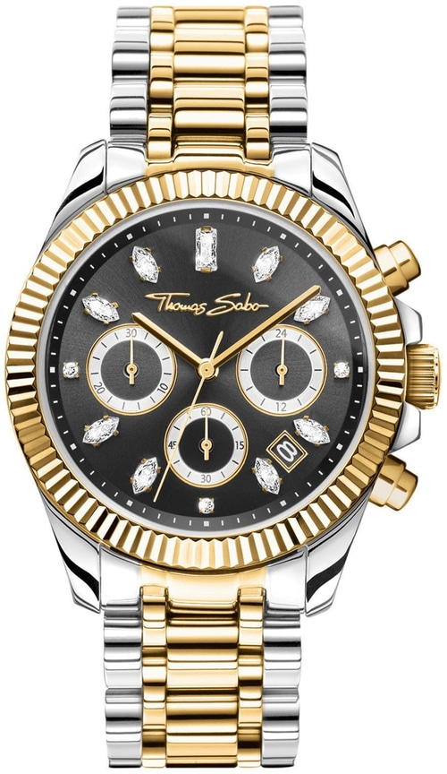 Thomas Sabo Uhr, schwarz, goldfarben, Diamanten, Chronograph, Edelstahl, Luxus, Armbanduhr, elegant