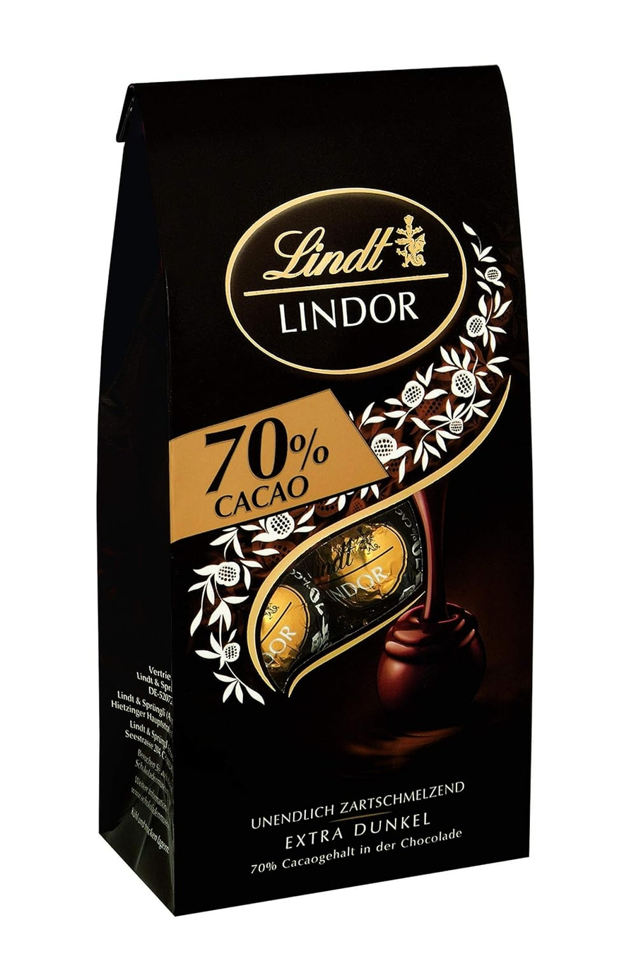 Dunkle Lindt Lindor Pralinen mit 70% Kakaoanteil und Schokoladenüberzug auf schwarzer Verpackung.