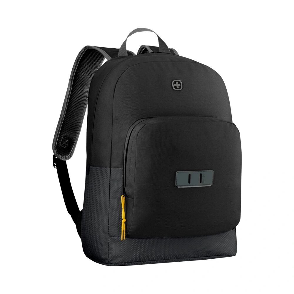schwarzer rucksack mit gelbem reißverschlussanhänger und logo