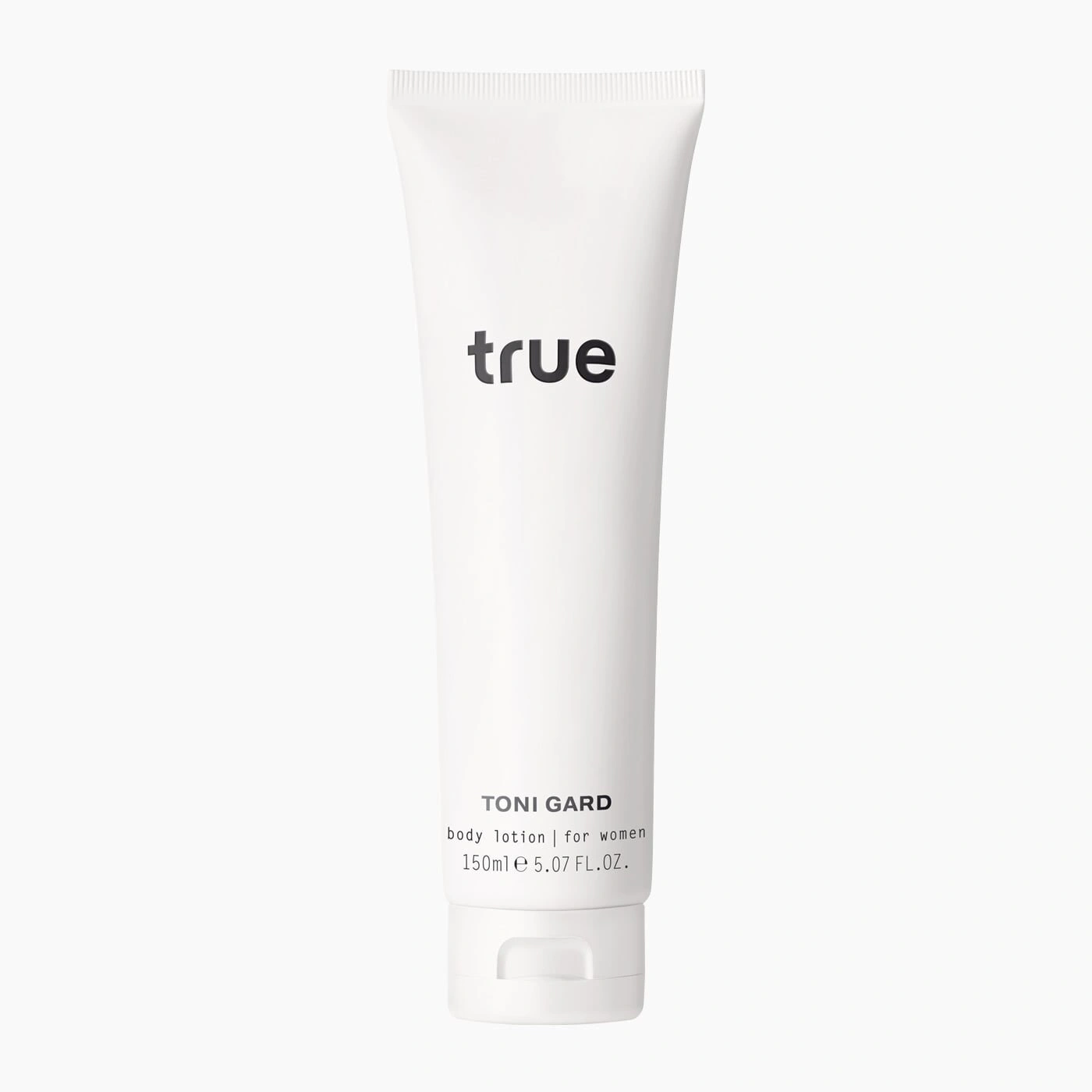 Weiße Tube mit Aufschrift 'true' und 'TONI GARD' Bodylotion für Frauen.