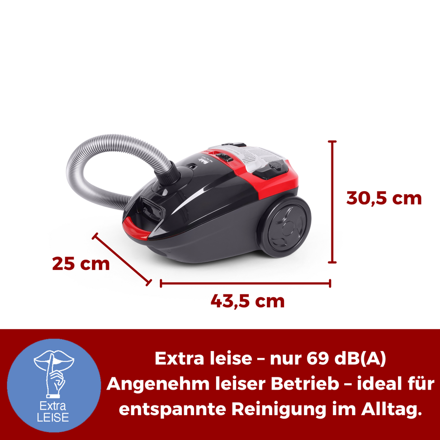 Staubsauger mit Abmessungen 43,5 cm x 30,5 cm x 25 cm und Aufschrift 'Extra leise - nur 69 dB(A)'
