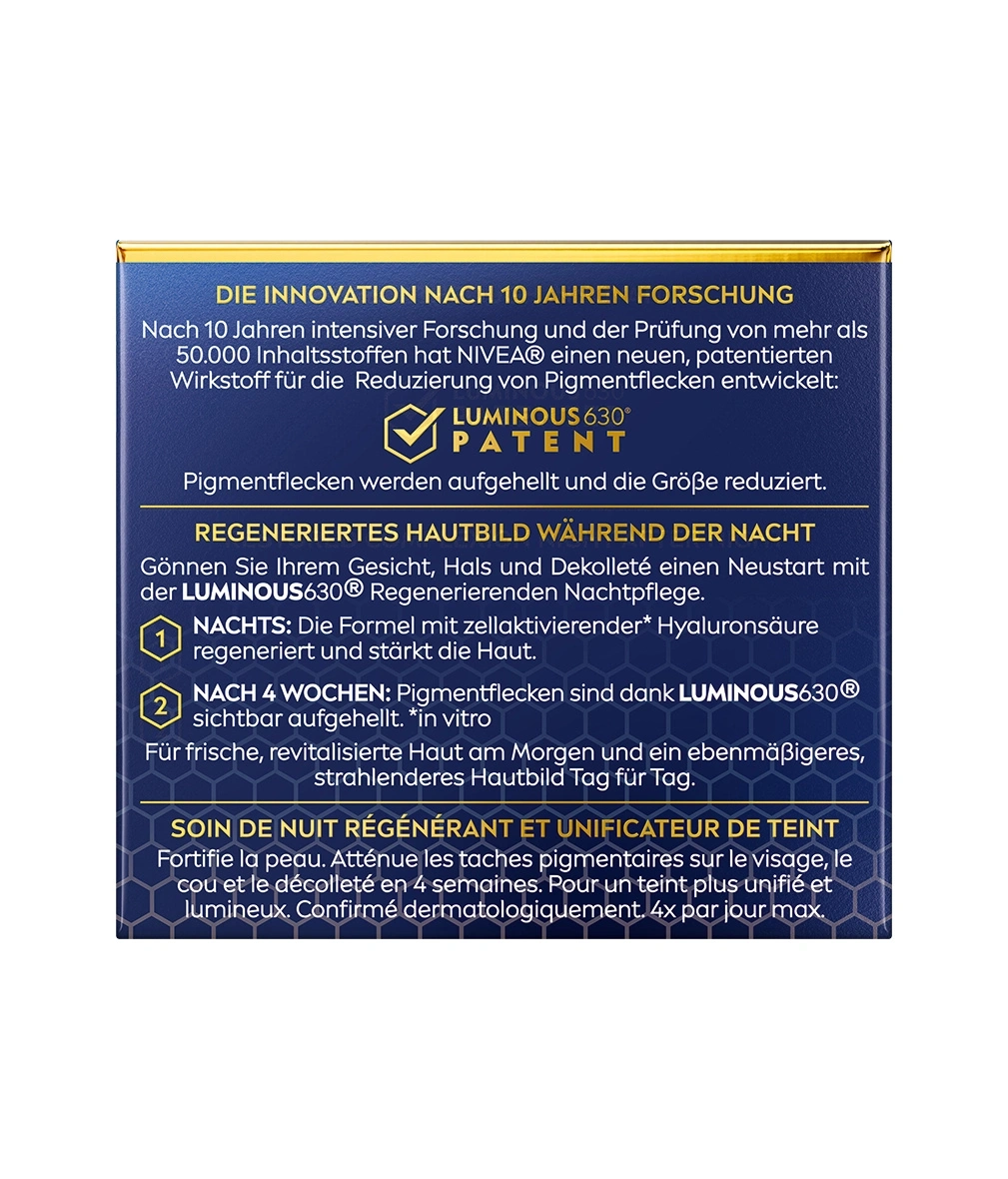 NIVEA Luminous 630 Nachtpflege: Innovation, Forschung, Pigmentfleckenreduzierung, Hautbildregeneration.
