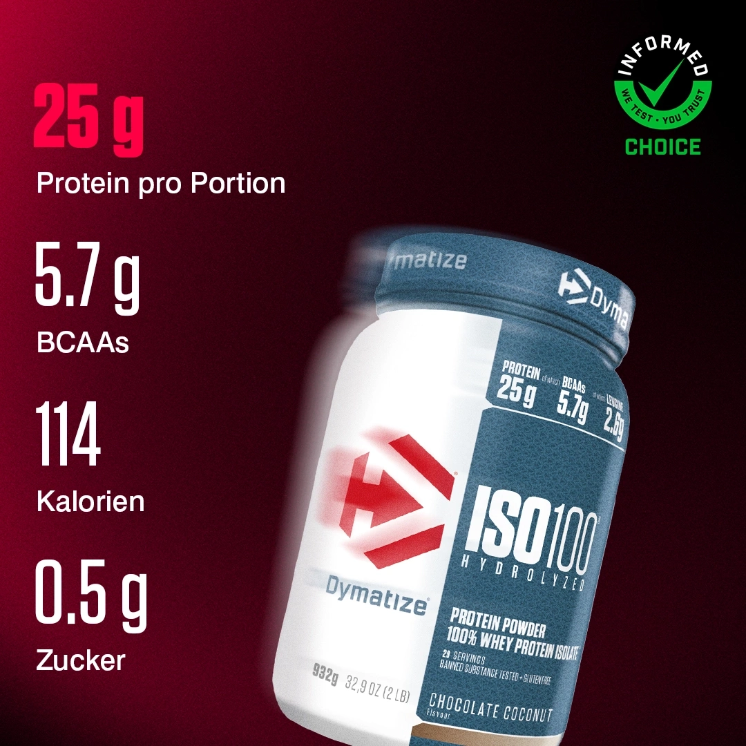 Dymatize ISO100 Protein Pulver mit 25g Protein, 5.7g BCAAs, 114 Kalorien und 0.5g Zucker pro Portion.
