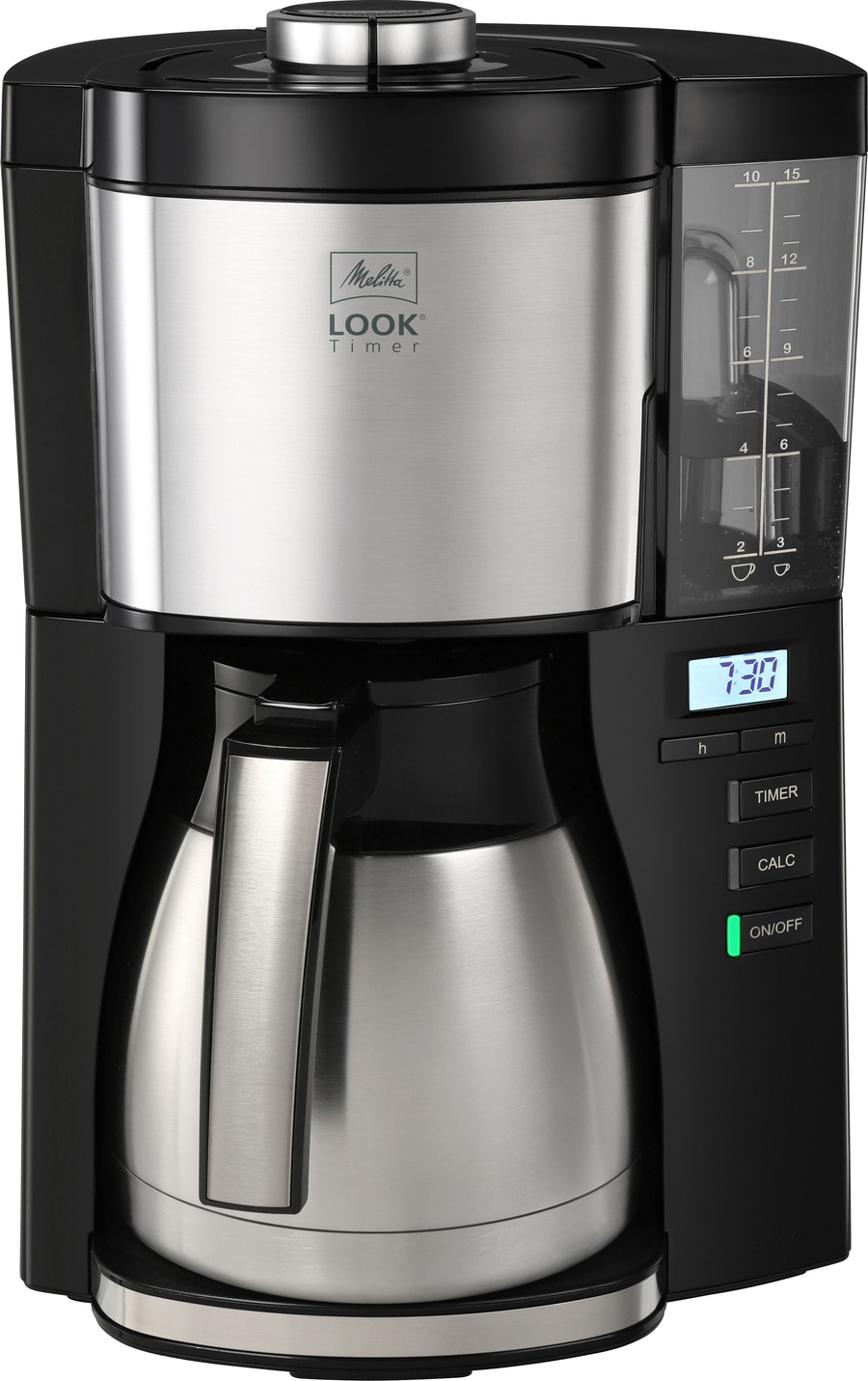 Kaffeemaschine mit Timer und digitaler Anzeige, Melitta Look Timer, schwarz und silber