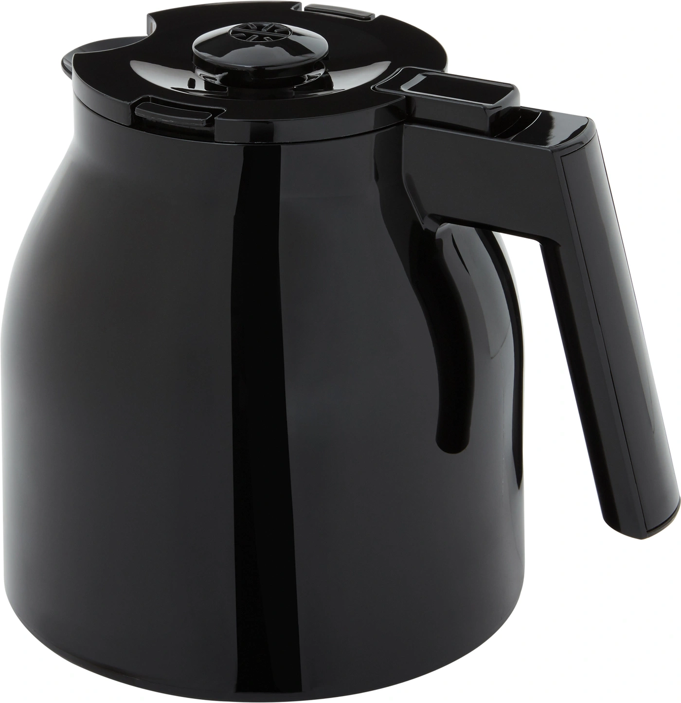 Schwarze Kaffeekanne mit Deckel und Griff, glänzend, isoliert, Getränkebehälter