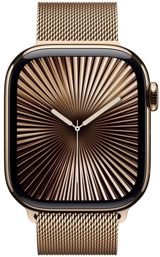 Goldene Apple Watch mit radialem Zifferblatt und Milanaise-Armband.