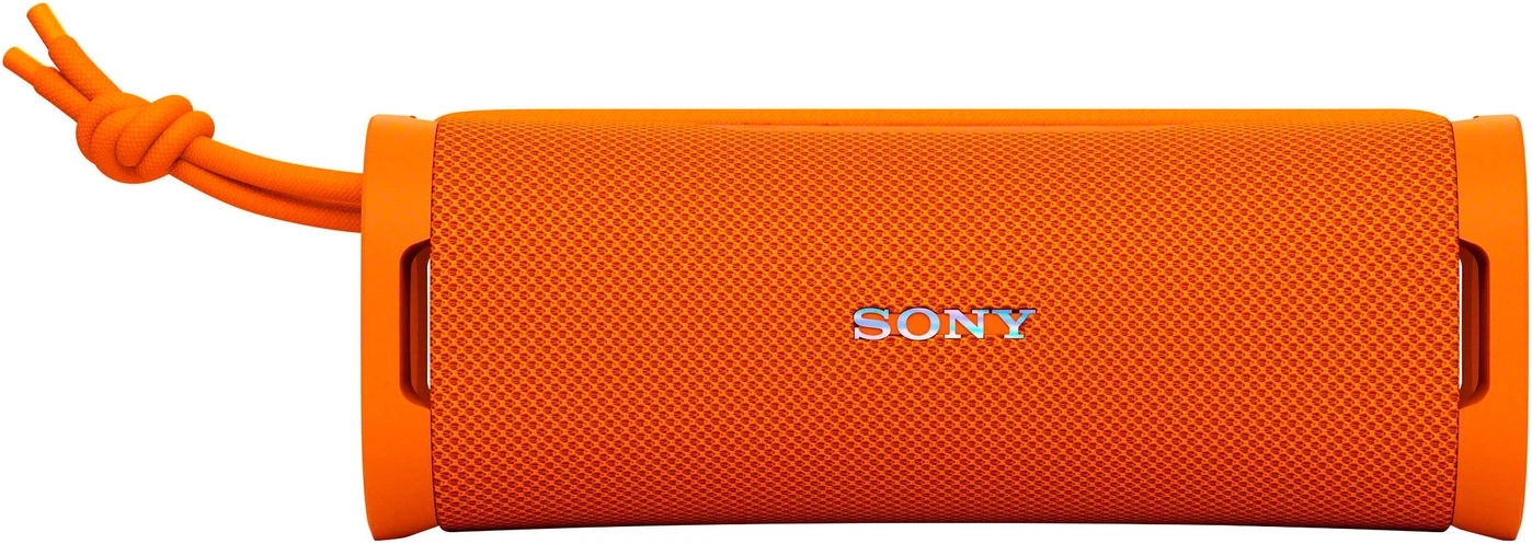 Orange Sony Lautsprecher mit Schnur auf weißem Hintergrund