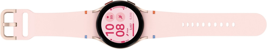 Rosa Smartwatch mit rosa Armband und schwarzem Zifferblatt. Zeigt Schritte und Herzfrequenz an.