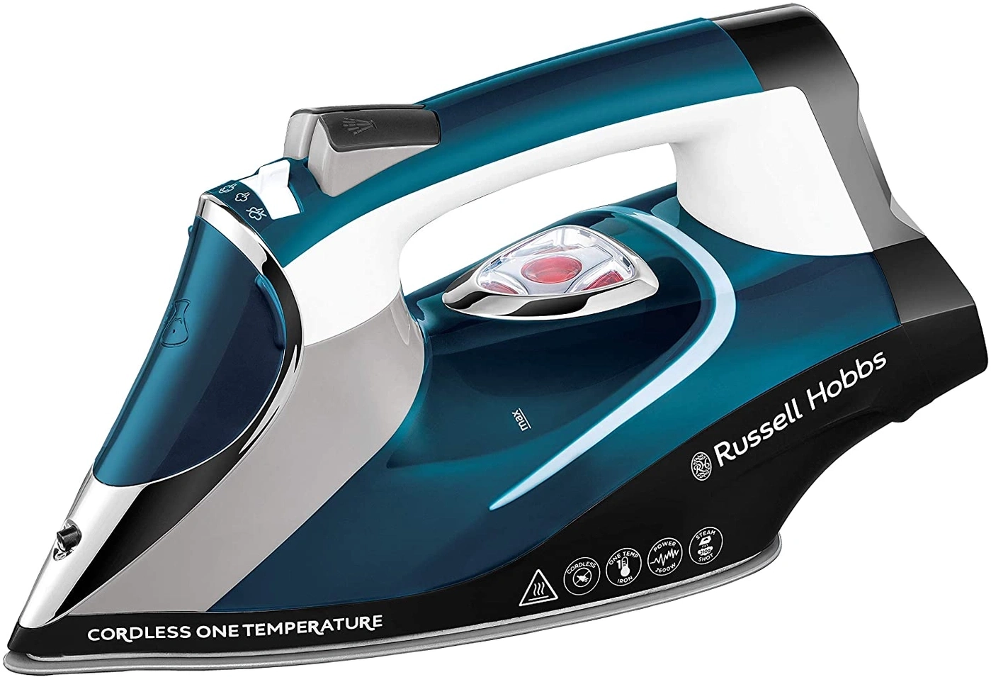 Dampfbügeleisen von Russell Hobbs, kabellos, eine Temperatur, blau-weiß, mit Funktionen.