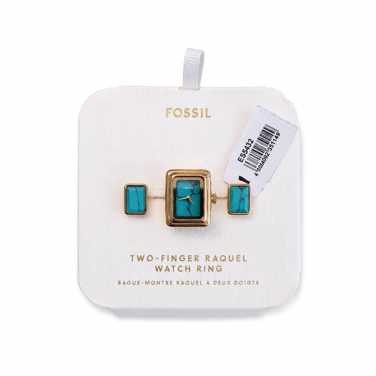 Ein Fossil Zwei-Finger-Ring mit türkisfarbenen Steinen und einer Uhr.