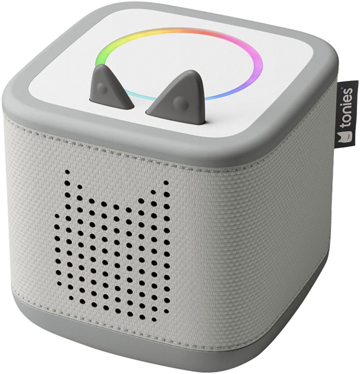Ein grauer Toniebox Lautsprecher mit Ohren und Regenbogenlicht.