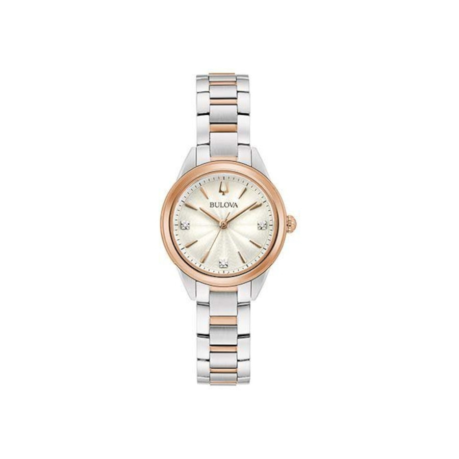 Bulova Damenuhr mit silbernem Zifferblatt und roségoldfarbenen Akzenten