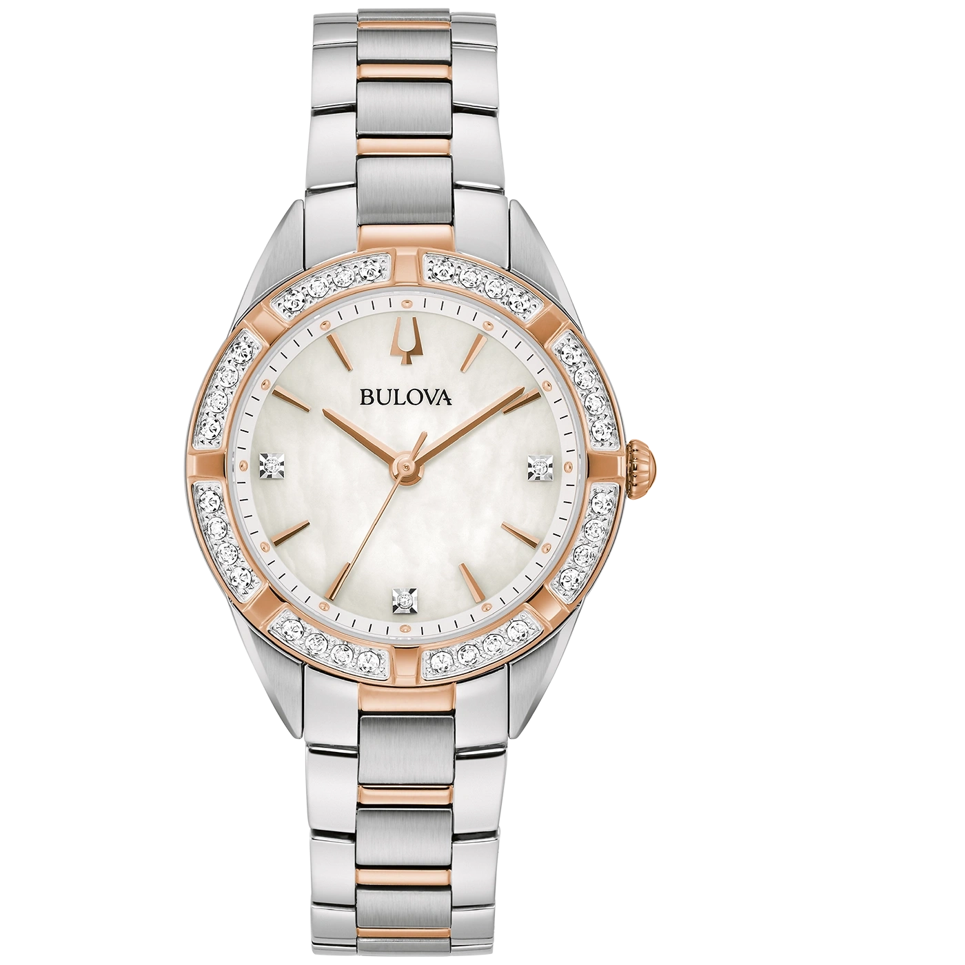 Bulova Damenuhr, silberfarbenes Gehäuse, roségoldfarbene Akzente, Diamanten, Perlmuttzifferblatt, Armband