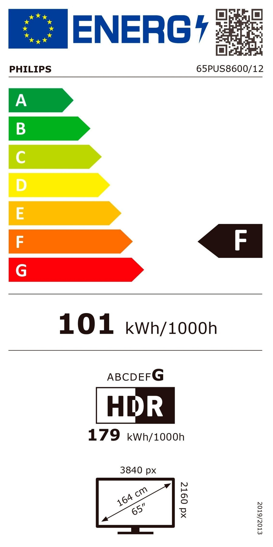 Energieeffizienzlabel für Philips Fernseher, Energieklasse F, 101 kWh/1000h, HDR, 179 kWh/1000h