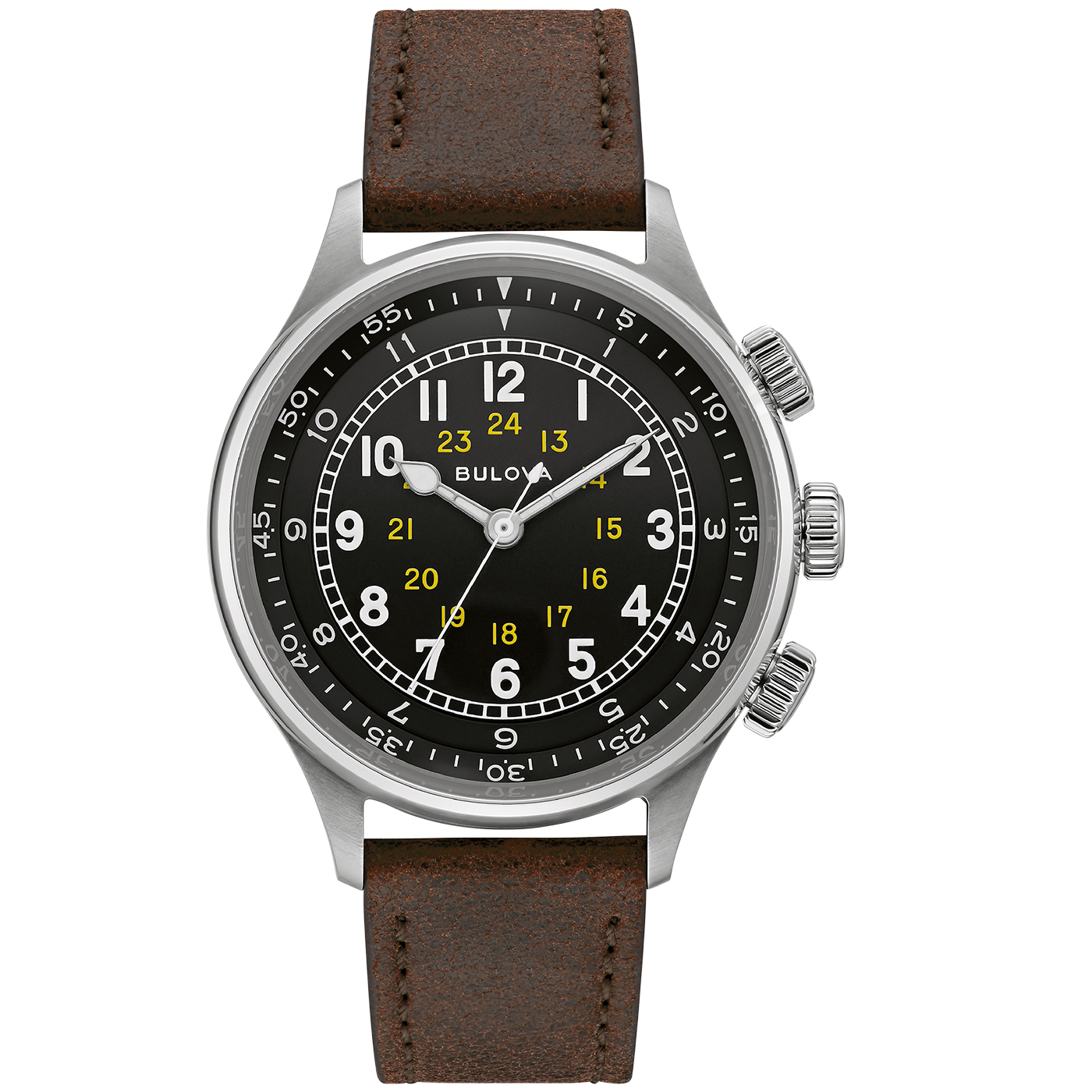 Bulova Uhr mit schwarzem Zifferblatt und braunem Lederarmband, Detailaufnahme.