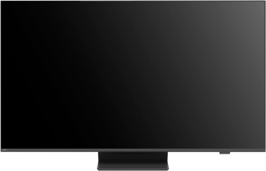 Schwarzer Fernseher mit Standfuß. Großes Display, modernes Design. Philips-Logo unten links.