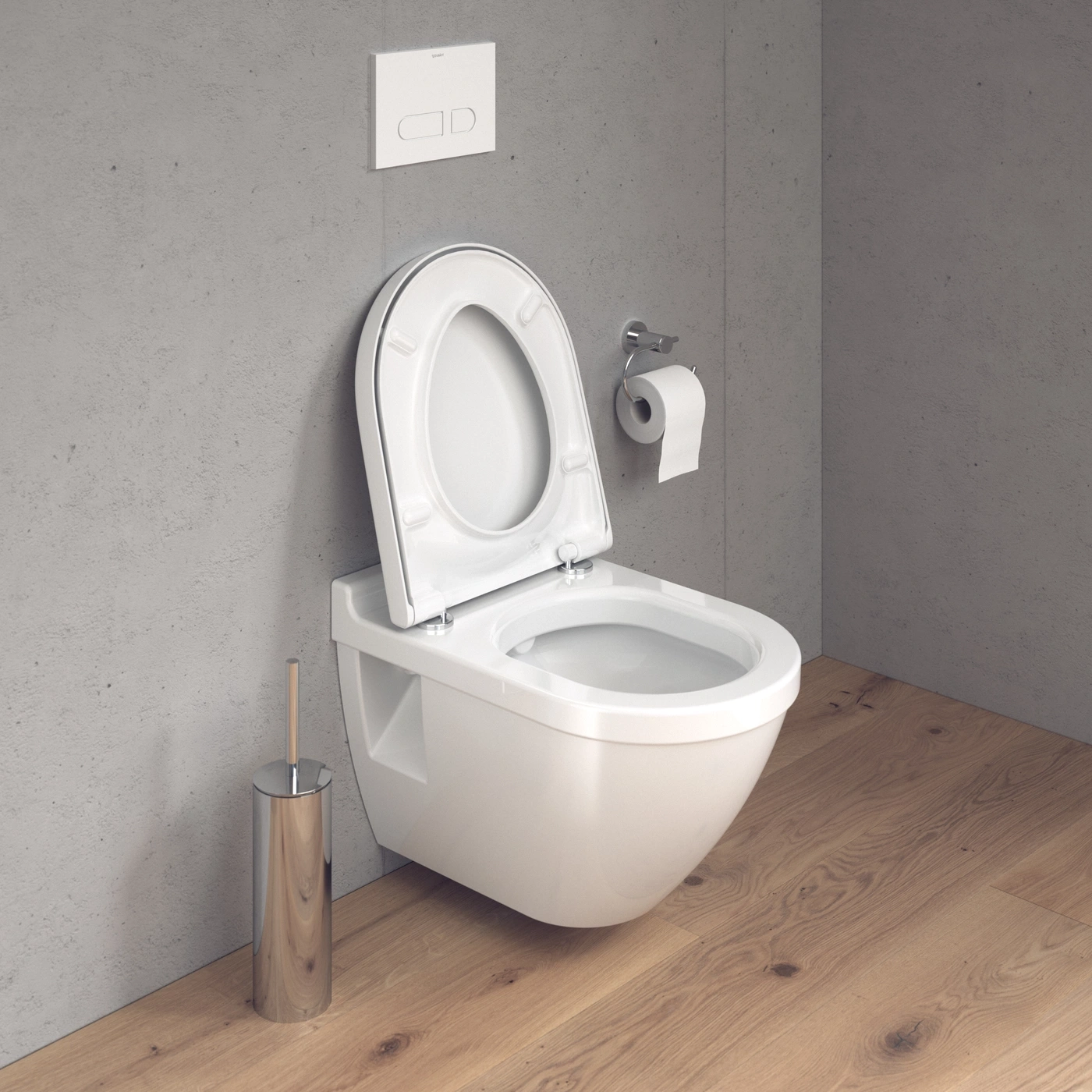 Hängendes WC in einem modernen Badezimmer mit Holzboden und grauer Wand