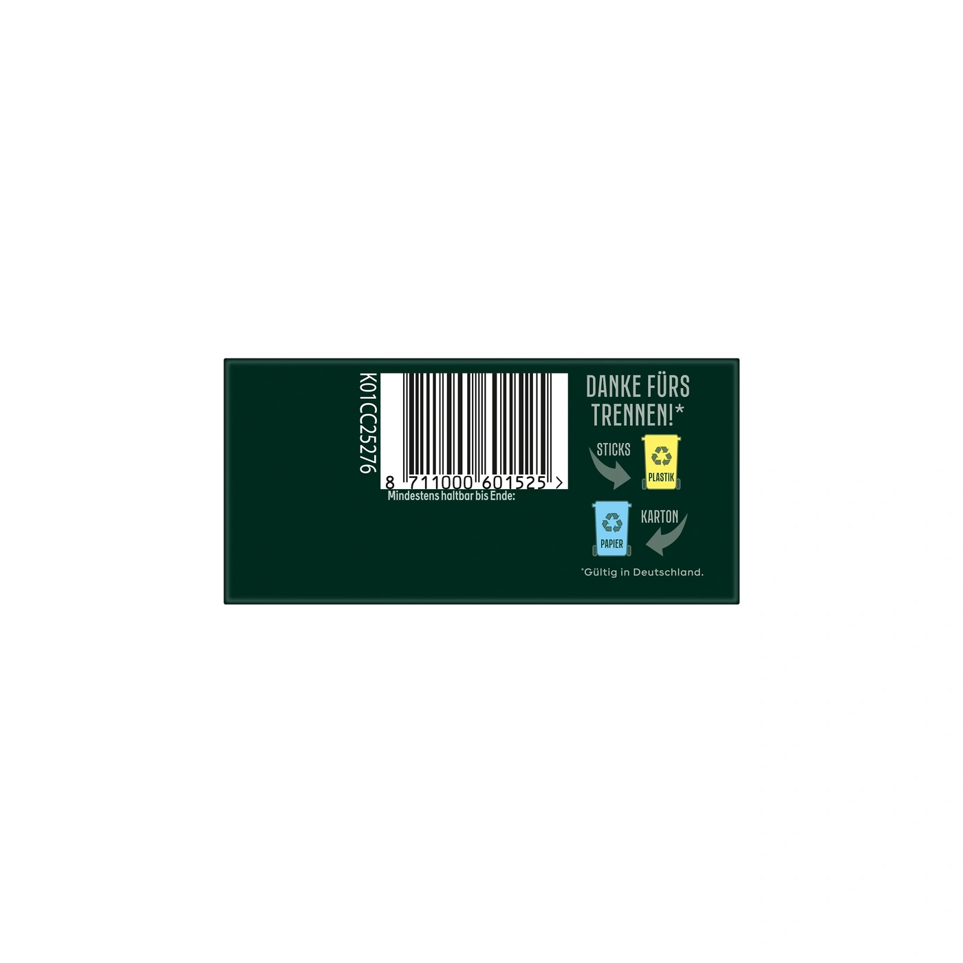 Verpackung mit Barcode und Recycling-Symbolen für Sticks, Plastik und Karton.