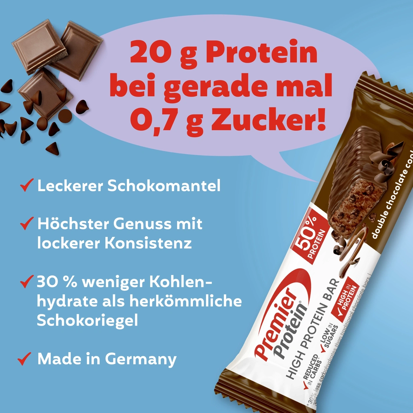 Premier Protein Riegel: 20g Protein, wenig Zucker, Made in Germany.