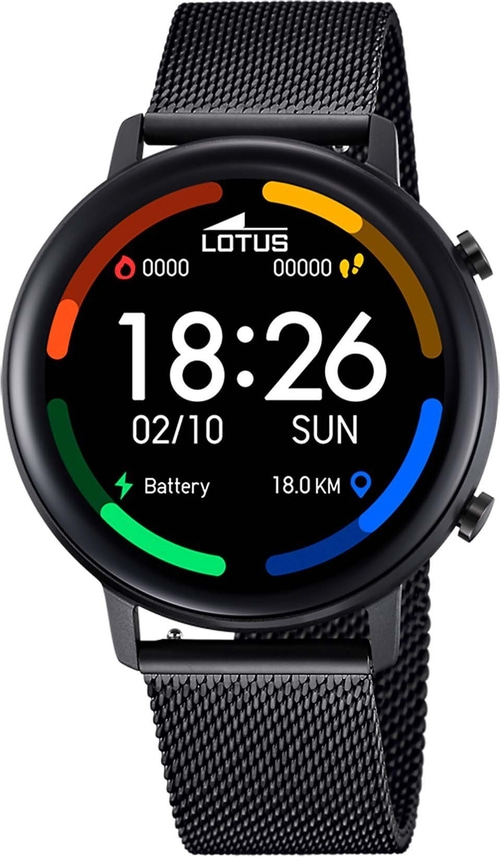 Schwarze Lotus Smartwatch mit Mesh-Armband, 18:26 Uhr, 02/10, SUN, 18.0 KM